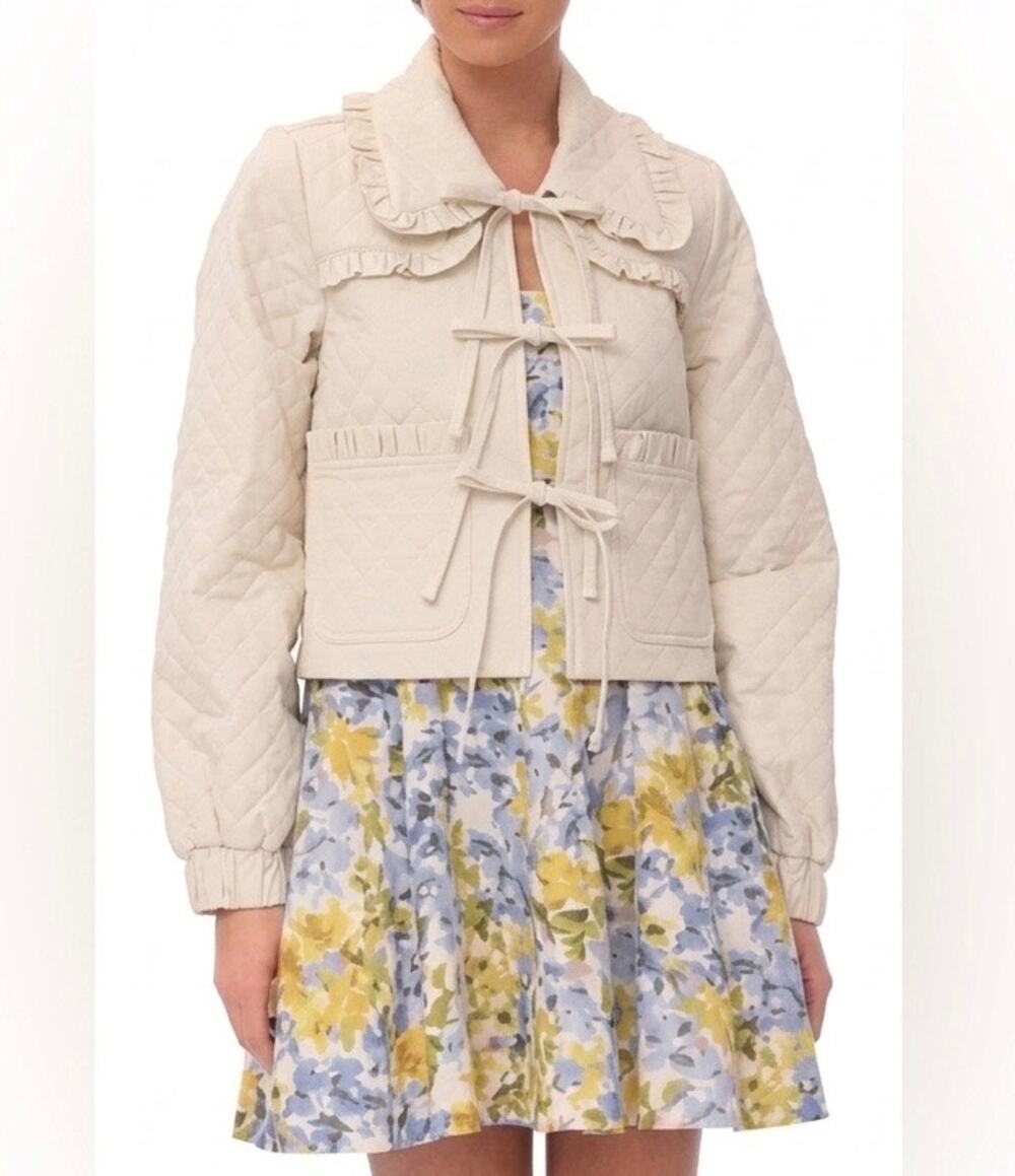 NWT Avec Les Filles Anthropologie The Maura Bow Tie Denim Jacket Twee Coquette S